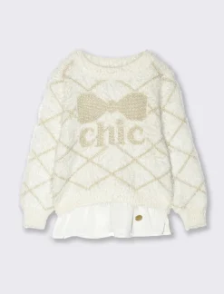 Piazza Italia Bambina|Maglieria<Maglia da bambina con disegno rombi e ricamo di paillettes con charm e rouches - Bianco sporco