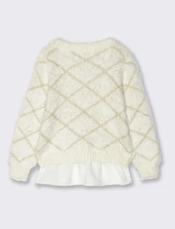 Piazza Italia Bambina|Maglieria<Maglia da bambina con disegno rombi e ricamo di paillettes con charm e rouches - Bianco sporco