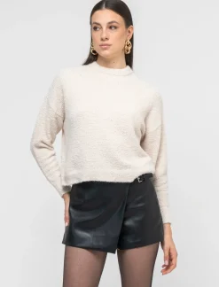 Donna Piazza Italia Maglieria<Maglia girocollo e manica lunga taglio crop tessuto effetto pelliccia - Avorio
