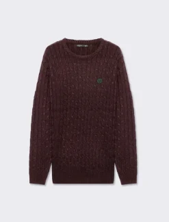 Uomo Piazza Italia Maglieria<Maglia girocollo lavorazione a trecce con ricamo sul petto, regular fit - Bordeaux