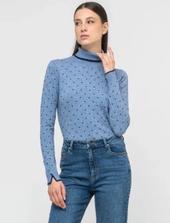 Donna Piazza Italia Donna|Maglieria<Maglia in morbido filato collo alto a con motivo floccato stampato - Celeste