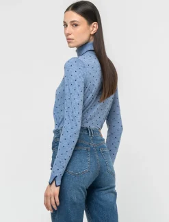 Donna Piazza Italia Donna|Maglieria<Maglia in morbido filato collo alto a con motivo floccato stampato - Celeste