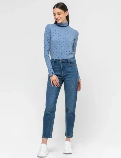 Donna Piazza Italia Donna|Maglieria<Maglia in morbido filato collo alto a con motivo floccato stampato - Celeste