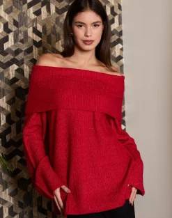 Donna Piazza Italia Donna|Maglieria<Maglia manica lunga scollo risvoltato e spalle scoperte con vestibilità comoda - Rosso