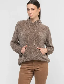 Donna Piazza Italia Donna|Maglieria<Maglia modello felpa in ciniglia con cappuccio e tasche a marsupio - tortora