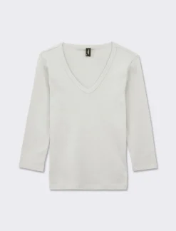 Donna Piazza Italia Donna|Maglieria<Maglietta basic scollo a V manica lunga in cotone a costina - latte