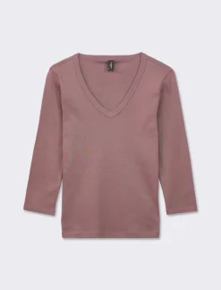 Donna Piazza Italia Donna|Maglieria<Maglietta basic scollo a V manica lunga in cotone a costina - malva