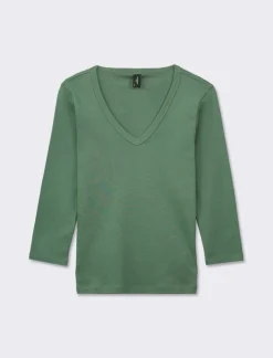Donna Piazza Italia Donna|Maglieria<Maglietta basic scollo a V manica lunga in cotone a costina - foresta