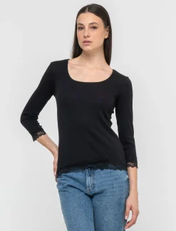 Donna Piazza Italia Donna|Maglieria<Maglietta manica lunga a costina con pizzo e motivo floreale -