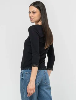 Donna Piazza Italia Donna|Maglieria<Maglietta manica lunga a costina con pizzo e motivo floreale -