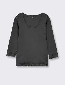 Piazza Italia Maglietta manica lunga a costina con pizzo e motivo floreale - Nero Hot