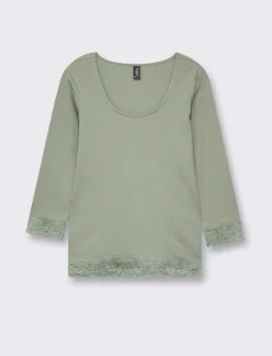 Donna Piazza Italia Donna|Maglieria<Maglietta manica lunga a costina con pizzo e motivo floreale - foresta