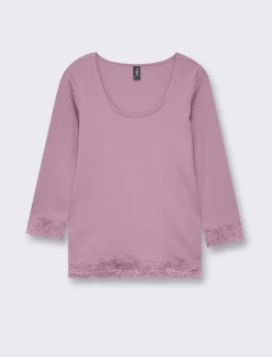 Donna Piazza Italia Donna|Maglieria<Maglietta manica lunga a costina con pizzo e motivo floreale - malva