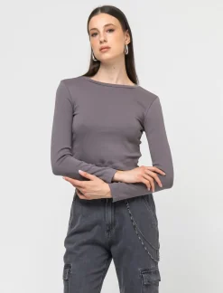 Donna Piazza Italia Donna|Maglieria<Maglietta manica lunga in tessuto elastico a costine - piombo