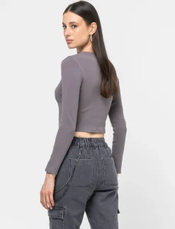 Donna Piazza Italia Donna|Maglieria<Maglietta manica lunga in tessuto elastico a costine - piombo