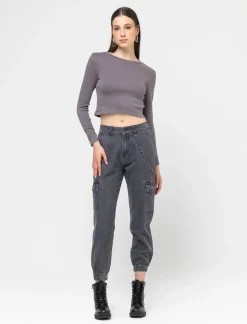 Donna Piazza Italia Donna|Maglieria<Maglietta manica lunga in tessuto elastico a costine - piombo