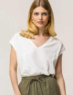 Donna Piazza Italia Donna|T-Shirt E Top<Maglietta mezza manica in tessuto slub di cotone scollo a V - latte