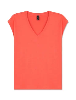 Donna Piazza Italia Donna|T-Shirt E Top<Maglietta mezza manica in tessuto slub di cotone scollo a V - Corallo