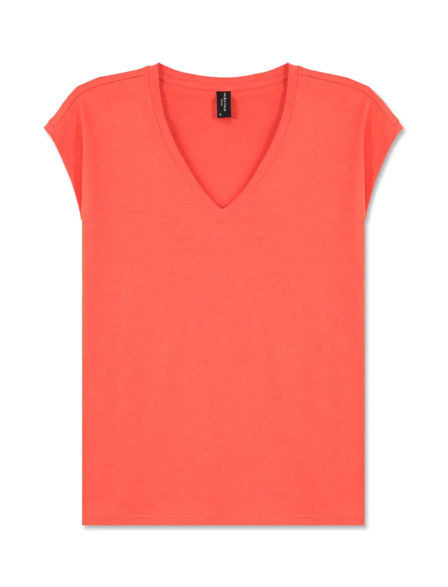 Piazza Italia Maglietta mezza manica in tessuto slub di cotone scollo a V - Corallo Arancione Flash Sale