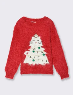 Piazza Italia Bambina|Maglieria<Maglione girocollo morbido effetto peloso da bambina con ricami patch e pon pon - Rosso