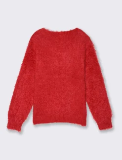 Piazza Italia Bambina|Maglieria<Maglione girocollo morbido effetto peloso da bambina con ricami patch e pon pon - Rosso