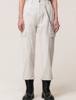 Donna Piazza Italia Donna|Pantaloni<Pantalone colorato con tasconi applicati e catena di tessuto elastico con vestibilita comfort - gesso