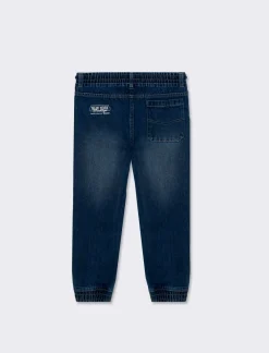 Bambino Piazza Italia Bambino|Jeans<Pantalone in denim modello jogger con lacci in vita e stampa sul dietro - DENIM SCURO