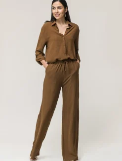 Donna Piazza Italia Pantaloni<Pantalone in tessuto fluido con elastico e coulisse in vita vestibilità straight - tabacco