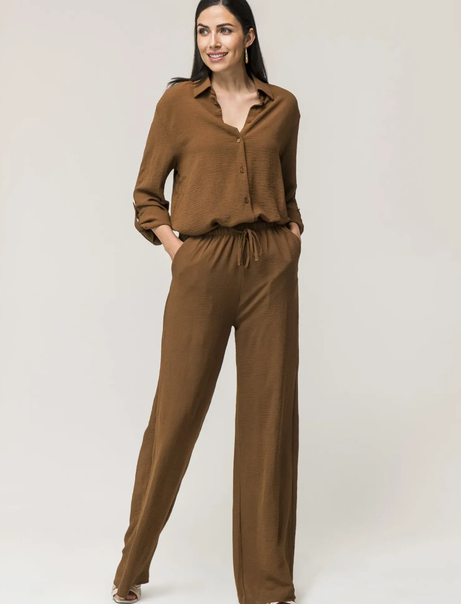 Piazza Italia Pantalone in tessuto fluido con elastico e coulisse in vita vestibilità straight - tabacco Marrone Clearance