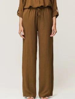 Donna Piazza Italia Pantaloni<Pantalone in tessuto fluido con elastico e coulisse in vita vestibilità straight - tabacco