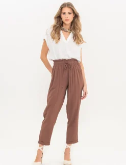 Donna Piazza Italia Donna<Pantalone in tessuto leggero con fusciacca ed elastico - Cacao
