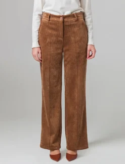 Donna Piazza Italia Pantaloni<Pantalone vita alta a coste con tessuto effetto velluto - tabacco