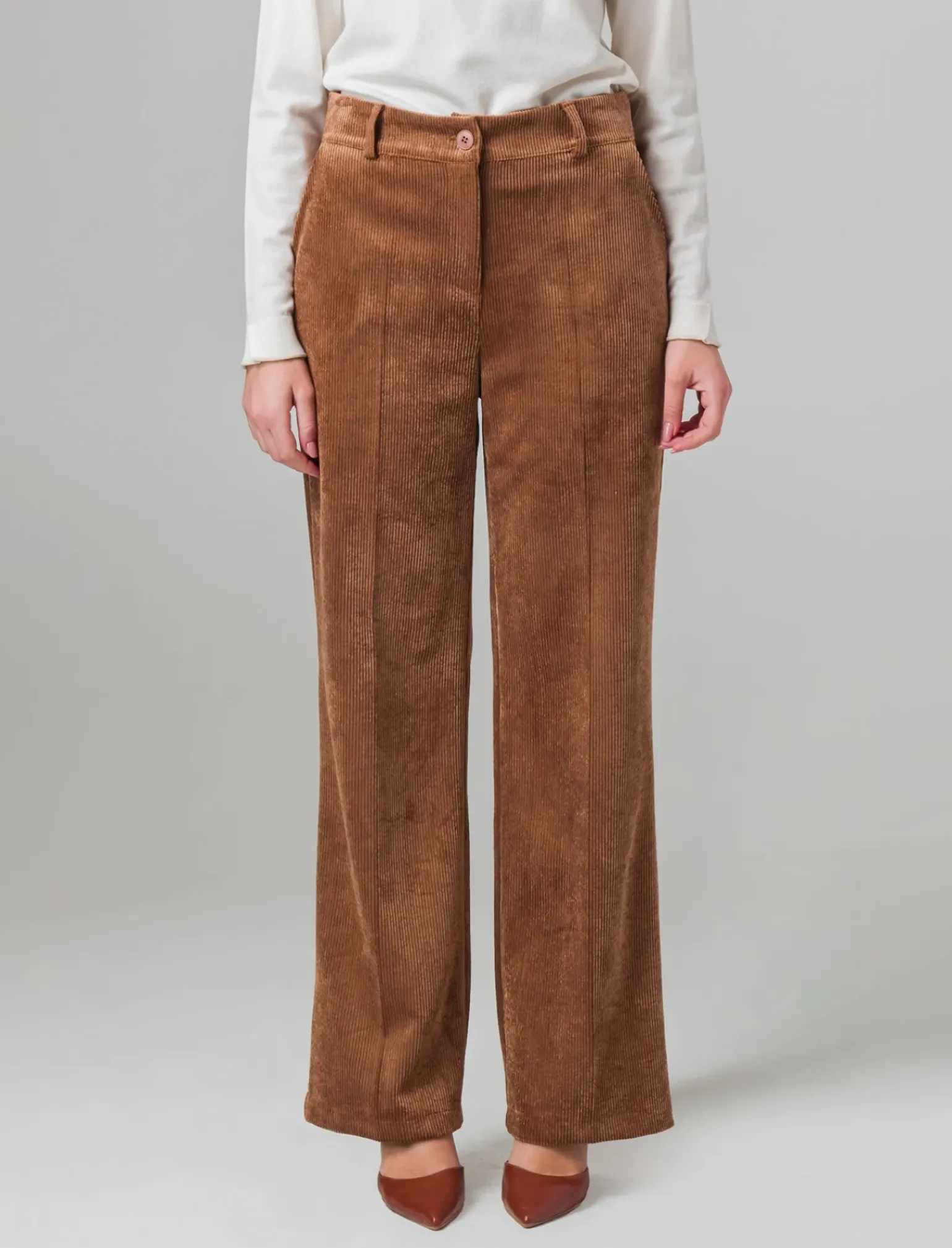 Donna Piazza Italia Pantaloni<Pantalone vita alta a coste con tessuto effetto velluto - tabacco