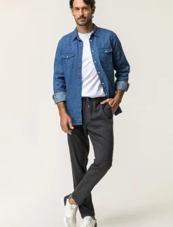 Uomo Piazza Italia Pantaloni<Pantaloni chino con vita elasticizzata regolabile con laccio e dettaglio di tasche a filetto posteri - Antracite melange