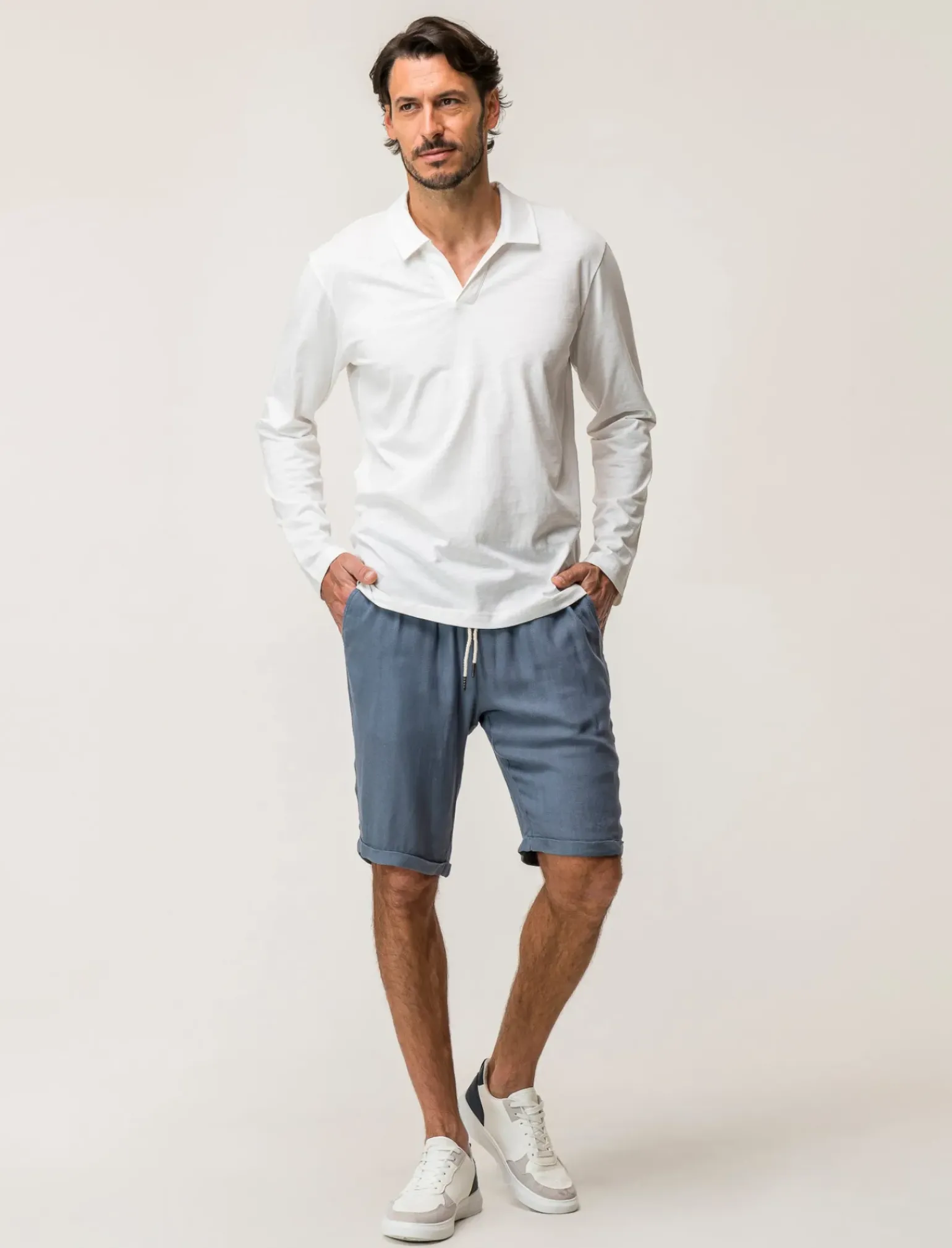 Uomo Piazza Italia Uomo|Polo E T-Shirt<Polo derby con colletto classico a rever in puro cotone slub a maniche lunghe -