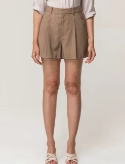 Donna Piazza Italia Shorts<Short formale in tessuto fliodo lunghezza media con chiusara con gancio e bottone - castoro