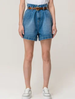 Donna Piazza Italia Shorts<Short in demin modello paper bag con cintura e tasche applicate sul retro - Denim