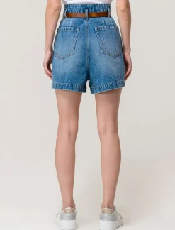 Donna Piazza Italia Shorts<Short in demin modello paper bag con cintura e tasche applicate sul retro - Denim