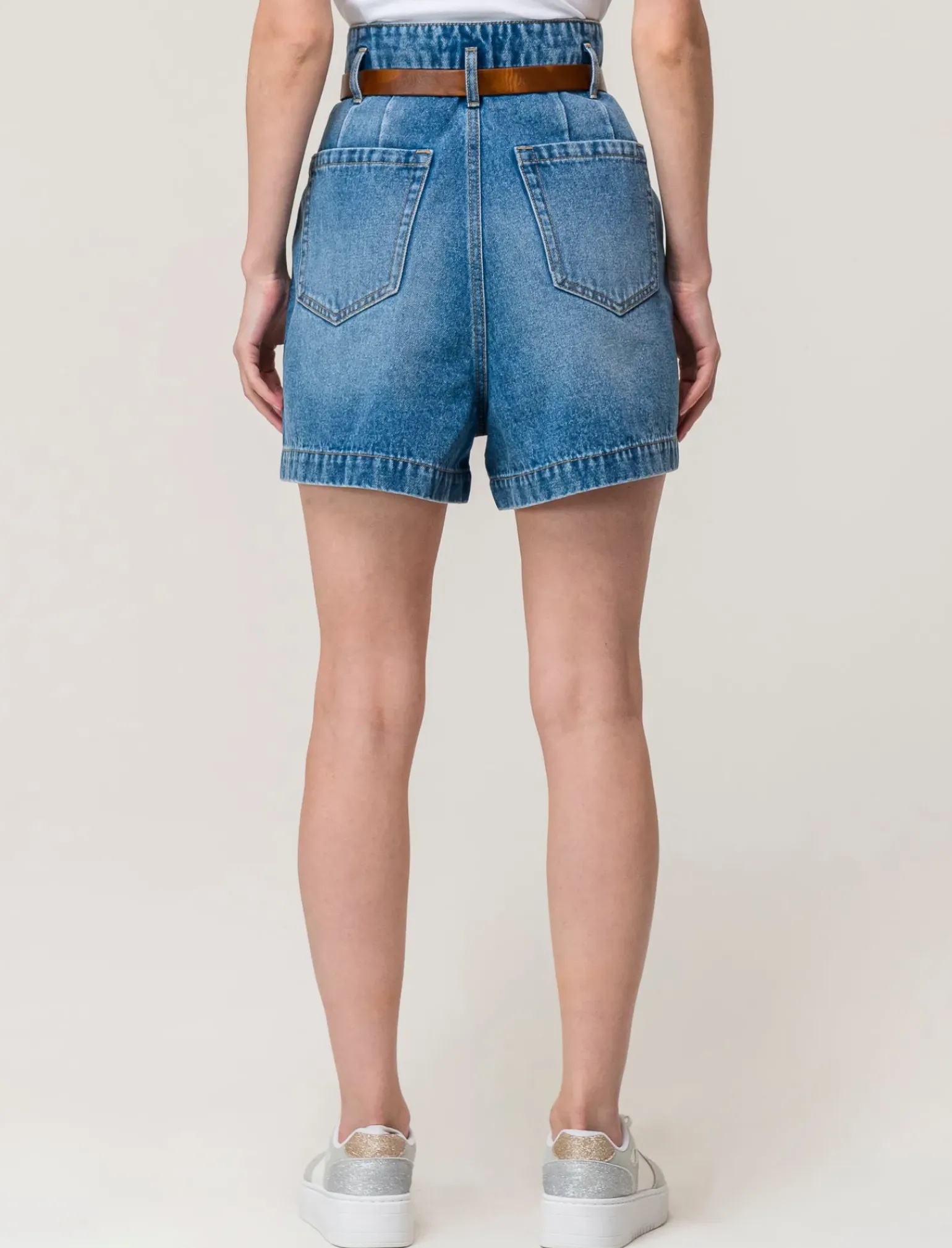 Donna Piazza Italia Shorts<Short in demin modello paper bag con cintura e tasche applicate sul retro - Denim
