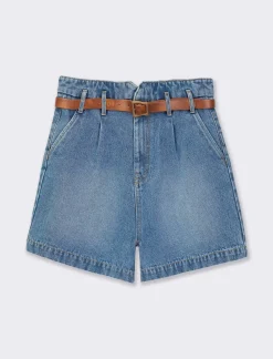 Donna Piazza Italia Shorts<Short in demin modello paper bag con cintura e tasche applicate sul retro - Denim