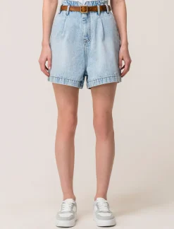 Donna Piazza Italia Shorts<Short in demin modello paper bag con cintura e tasche applicate sul retro - Denim chiaro