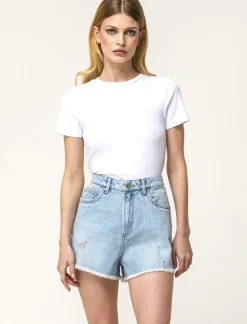 Piazza Italia Short in tessuto denim con orlo sfrangiato,apertura con zip e bottone - Denim Blu Sale