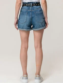 Donna Piazza Italia Shorts<Short in tessuto vestibilità paper bag con cintura e orlo riscoltato - Denim