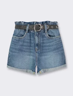 Donna Piazza Italia Shorts<Short in tessuto vestibilità paper bag con cintura e orlo riscoltato - Denim