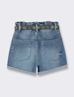 Donna Piazza Italia Shorts<Short in tessuto vestibilità paper bag con cintura e orlo riscoltato - Denim