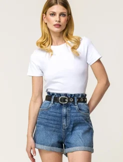 Donna Piazza Italia Shorts<Short in tessuto vestibilità paper bag con cintura e orlo riscoltato - Denim