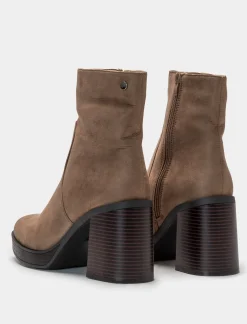 Donna Piazza Italia Donna|Tronchetti<Tronchetto in microfibra con punta quadrata e tacco effetto legno - tortora