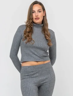 Donna Piazza Italia Maglieria<T-shirt a collo alto e manica lunga e tessuto lavorato a coste - melange