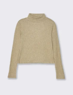 Donna Piazza Italia Maglieria<T-shirt a collo alto e manica lunga e tessuto lavorato a coste - Cammello