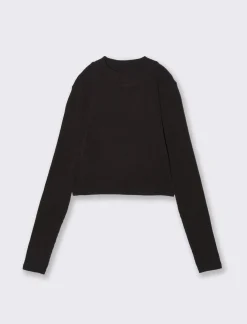 Donna Piazza Italia Donna|Maglieria<T-shirt crop manica lunga con mezzo collo lavorazione a coste strette - Nero